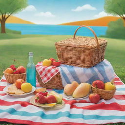 Create a cheerful picnic-themed poster with vibrant colors. Illustrate a picnic blanket, basket full of assorted food, a serene landscape in the background, and textual elements that invoke a warm, sunny day outdoors.