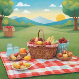 Create a cheerful picnic-themed poster with vibrant colors. Illustrate a picnic blanket, basket full of assorted food, a serene landscape in the background, and textual elements that invoke a warm, sunny day outdoors.