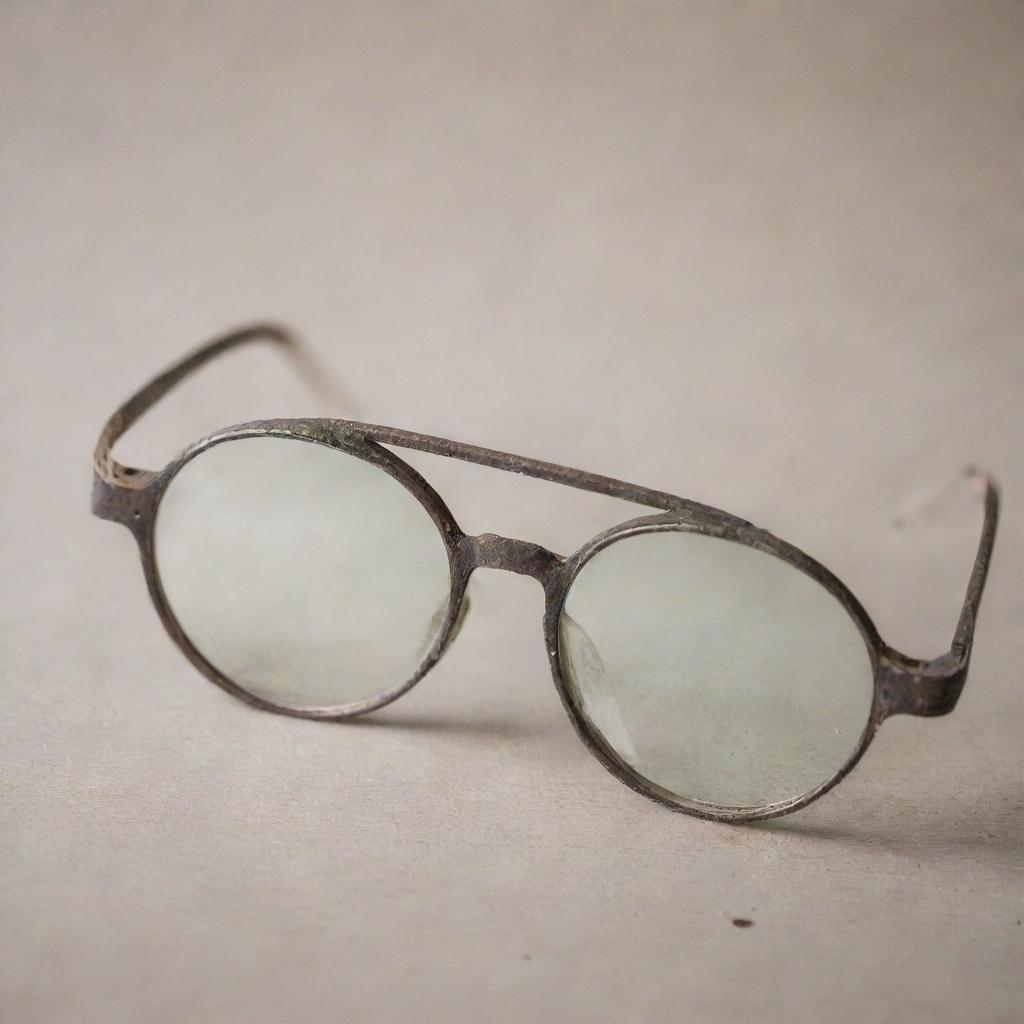 A pair of weathered and well-worn glasses with faded lenses, each imperfection tells a story from a time well lived