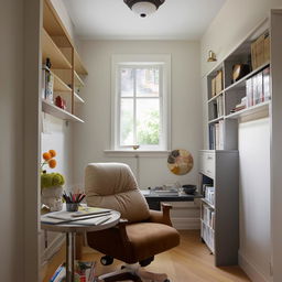 A small, narrow personal office serving as a workspace, featuring a round table in the center for meetings, office essentials, cozy chairs, bookshelves, and personal decorations to create a multifunctional and inviting professional environment.