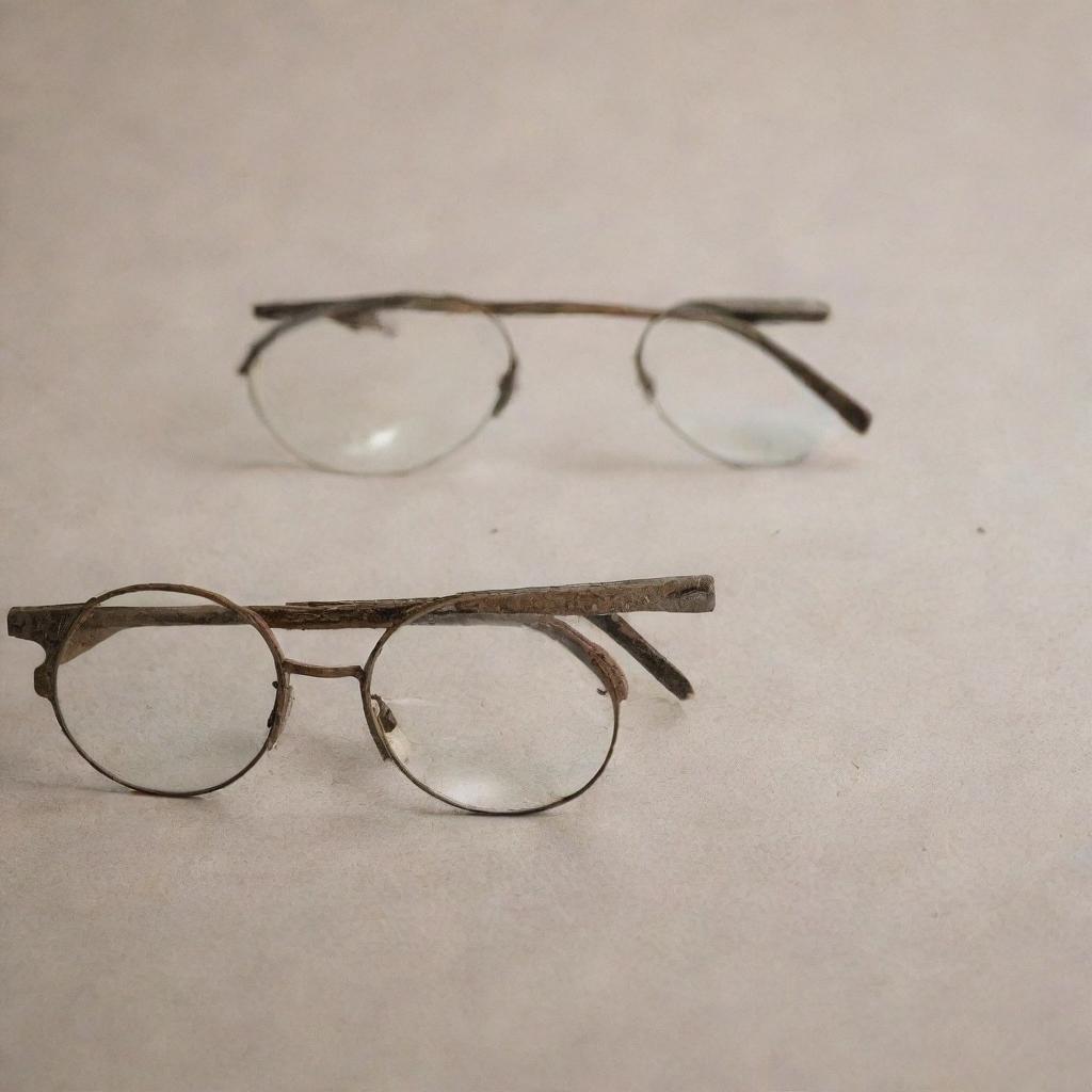 A pair of weathered and well-worn glasses with faded lenses, each imperfection tells a story from a time well lived