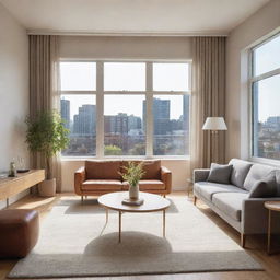 A well-lit, spacious room with modern furniture and beautiful decor. The room features a large window that allows ample sunlight to create a warm, inviting atmosphere.