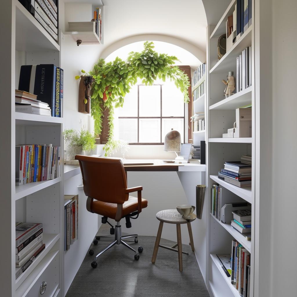 A small, narrow personal office serving as a workspace, featuring a round table in the center for meetings, office essentials, cozy chairs, bookshelves, and personal decorations to create a multifunctional and inviting professional environment.