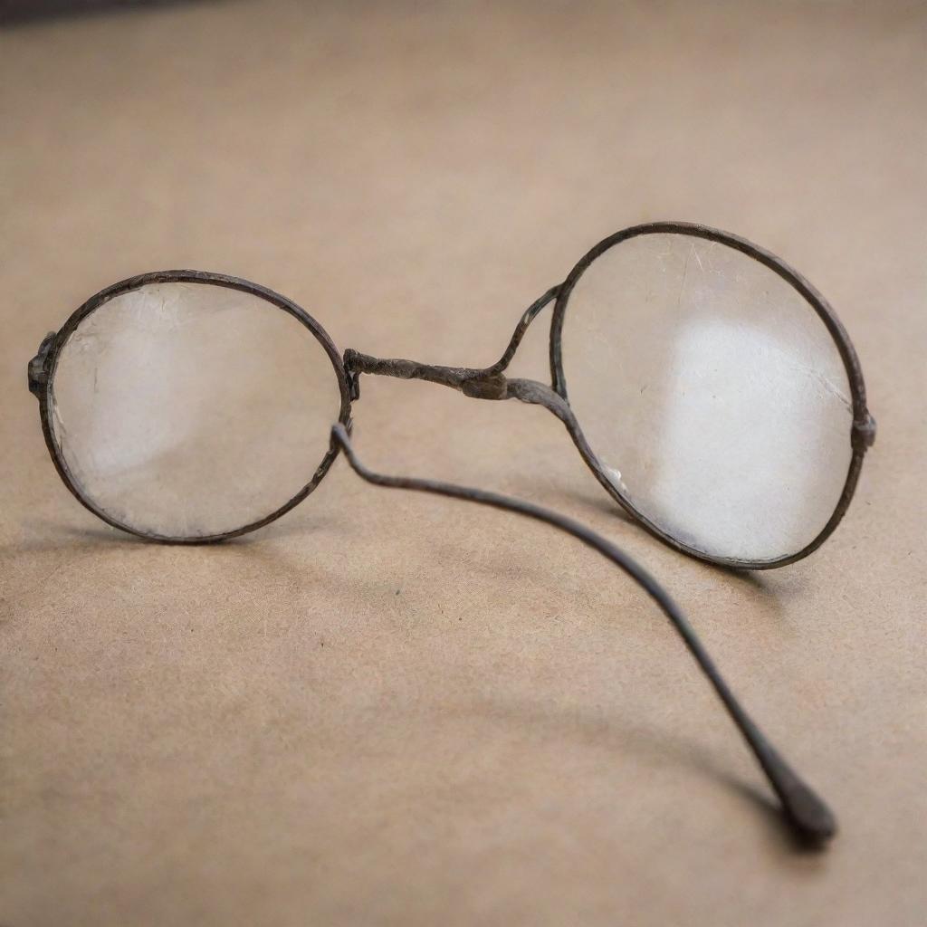 A pair of old, worn glasses with scratched, unclear lenses, symbolizing the concept of imperfect vision in an ancient era