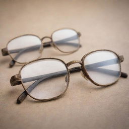 A pair of old, worn glasses with scratched, unclear lenses, symbolizing the concept of imperfect vision in an ancient era