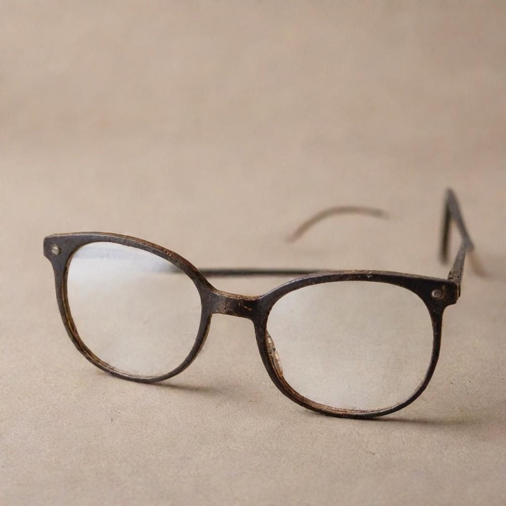 A pair of old, worn glasses with scratched, unclear lenses, symbolizing the concept of imperfect vision in an ancient era