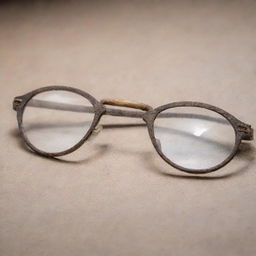 A pair of old, worn glasses with scratched, unclear lenses, symbolizing the concept of imperfect vision in an ancient era