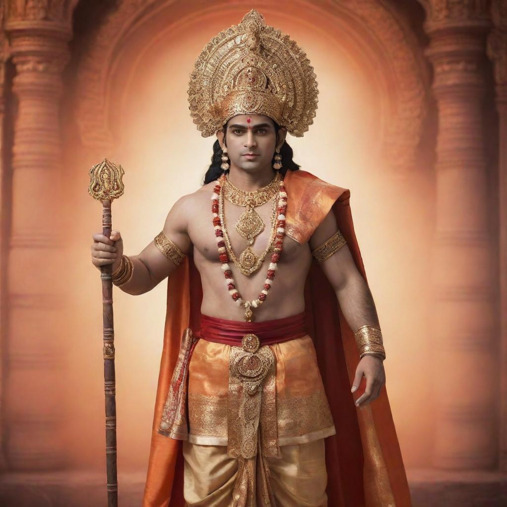 Generate a detailed image of a person dressed in a traditional Shree Ram costume complete with accessories and iconic attributes, standing against a divine, ethereal backdrop.