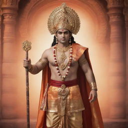 Generate a detailed image of a person dressed in a traditional Shree Ram costume complete with accessories and iconic attributes, standing against a divine, ethereal backdrop.