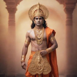 Generate a detailed image of a person dressed in a traditional Shree Ram costume complete with accessories and iconic attributes, standing against a divine, ethereal backdrop.