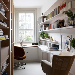 A small, narrow personal office serving as a workspace, featuring a round table in the center for meetings, office essentials, cozy chairs, bookshelves, and personal decorations to create a multifunctional and inviting professional environment.