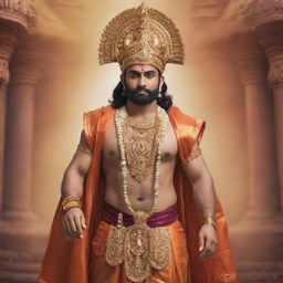 Generate a detailed image of a person dressed in a traditional Shree Ram costume complete with accessories and iconic attributes, standing against a divine, ethereal backdrop.