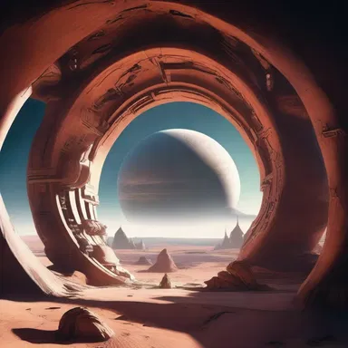 In the science fiction novel, the spaceship docked under a massive round arch at the entrance of an alien planet.