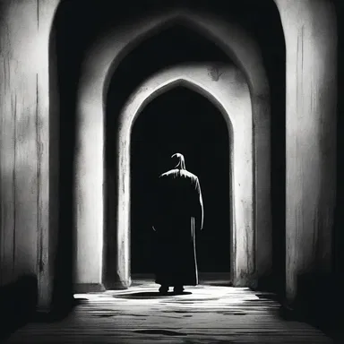 As the protagonist cautiously walked through the dark corridor, an eerie figure emerged from behind a sinister round arch.
