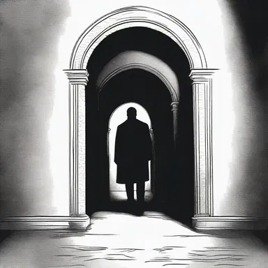 As the protagonist cautiously walked through the dark corridor, an eerie figure emerged from behind a sinister round arch.