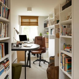 A small, narrow personal office serving as a workspace, featuring a round table in the center for meetings, office essentials, cozy chairs, bookshelves, and personal decorations to create a multifunctional and inviting professional environment.