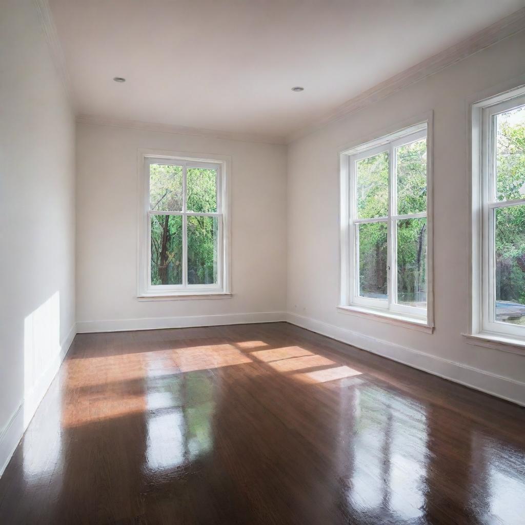 An empty room with newly painted white walls reflecting an abundant amount of natural light from a large window. The floor is dark, shiny and glossy hardwood that contrasts the brightness of the room.