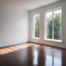 An empty room with newly painted white walls reflecting an abundant amount of natural light from a large window. The floor is dark, shiny and glossy hardwood that contrasts the brightness of the room.