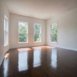 An empty room with newly painted white walls reflecting an abundant amount of natural light from a large window. The floor is dark, shiny and glossy hardwood that contrasts the brightness of the room.