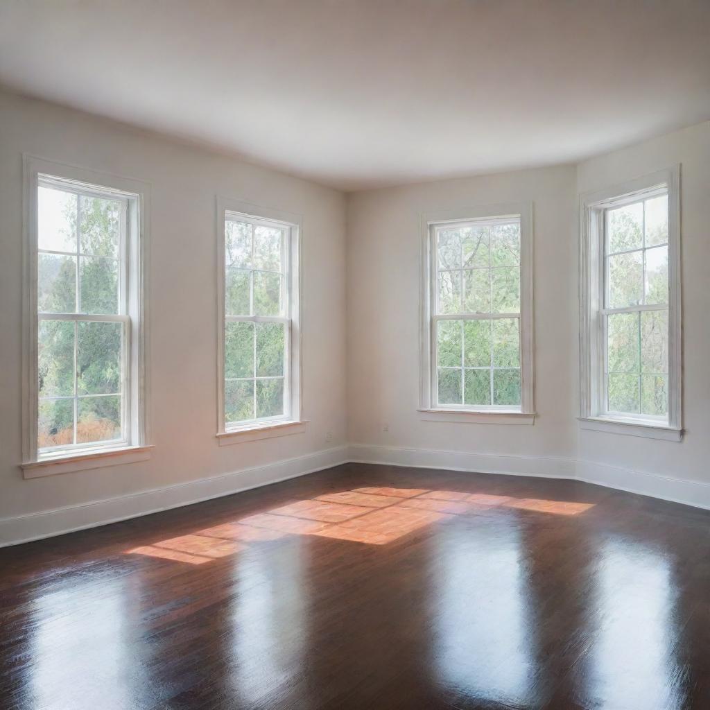 An empty room with newly painted white walls reflecting an abundant amount of natural light from a large window. The floor is dark, shiny and glossy hardwood that contrasts the brightness of the room.