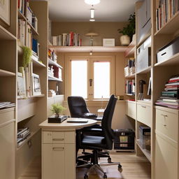 A cozy, narrow personal office that functions as both a workspace and a meeting room, with a well-placed round table, ergonomic chairs, organized shelves, and intimate decor highlighting a professional yet personal atmosphere.