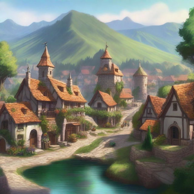 A high-quality digital art image showing a charming small village town