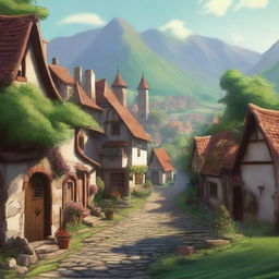 A high-quality digital art image showing a charming small village town