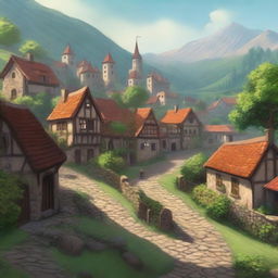 A high-quality digital art image showing a charming small village town