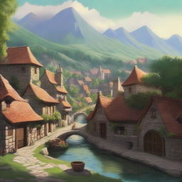 A high-quality digital art image showing a charming small village town