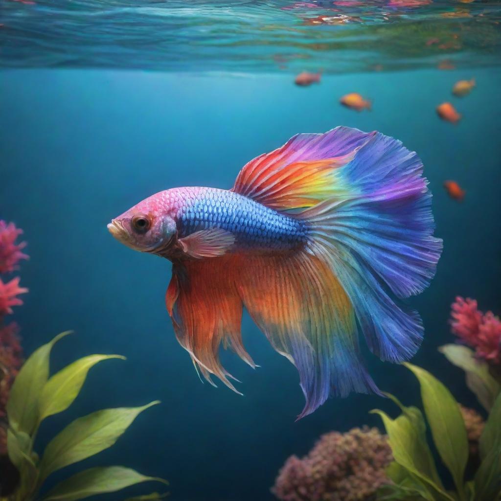 Illustrative depiction of an ethereal, rainbow-hued Betta fish, styled like an angel, swimming near a smaller yet robust Tree of Life with lush leaves, all set against a harmonious water backdrop.