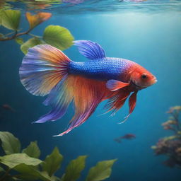 Illustrative depiction of an ethereal, rainbow-hued Betta fish, styled like an angel, swimming near a smaller yet robust Tree of Life with lush leaves, all set against a harmonious water backdrop.