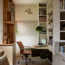 A cozy, narrow personal office that functions as both a workspace and a meeting room, with a well-placed round table, ergonomic chairs, organized shelves, and intimate decor highlighting a professional yet personal atmosphere.