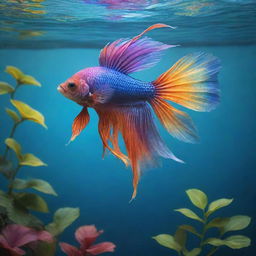 Illustrative depiction of an ethereal, rainbow-hued Betta fish, styled like an angel, swimming near a smaller yet robust Tree of Life with lush leaves, all set against a harmonious water backdrop.