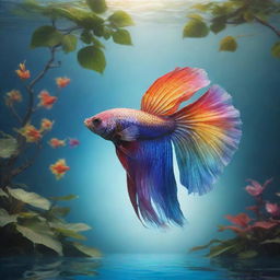 Illustrative depiction of an ethereal, rainbow-hued Betta fish, styled like an angel, swimming near a smaller yet robust Tree of Life with lush leaves, all set against a harmonious water backdrop.