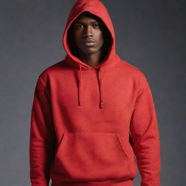 A vibrant red hoodie displayed in an editorial product setting with cool, subdued lighting.