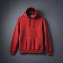 A vibrant red hoodie displayed in an editorial product setting with cool, subdued lighting.