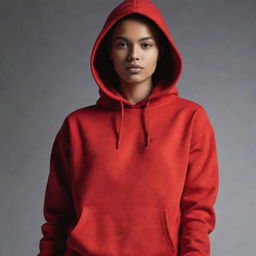 A vibrant red hoodie displayed in an editorial product setting with cool, subdued lighting.