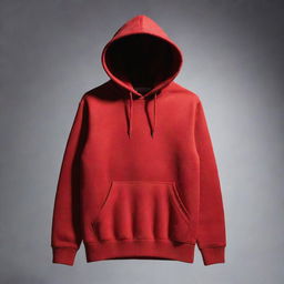 A vibrant red hoodie displayed in an editorial product setting with cool, subdued lighting.