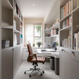 A cozy, narrow personal office that functions as both a workspace and a meeting room, with a well-placed round table, ergonomic chairs, organized shelves, and intimate decor highlighting a professional yet personal atmosphere.