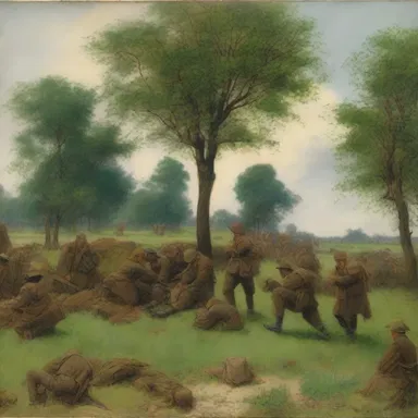 The painting depicted a group of soldiers bivouacking in a lush green field during the war.