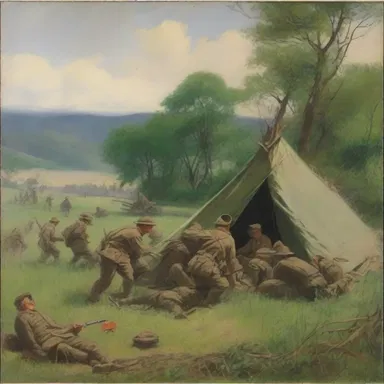 The painting depicted a group of soldiers bivouacking in a lush green field during the war.