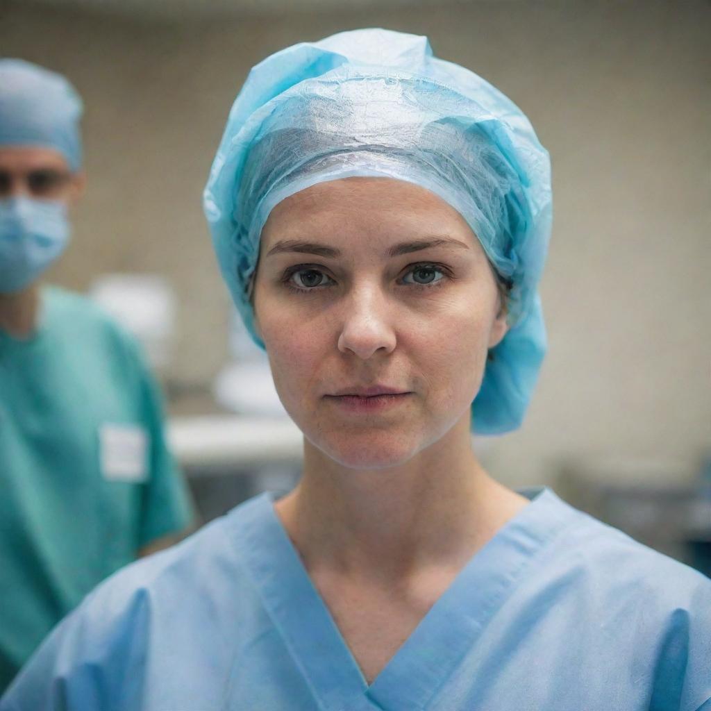 A focused, compassionate pediatric surgeon in a state of the art operating room, scrubbed up and preparing for surgery. Details include hospital tools, sterile environment, and the surgeon's concentrated expression.