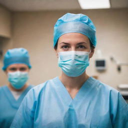 A focused, compassionate pediatric surgeon in a state of the art operating room, scrubbed up and preparing for surgery. Details include hospital tools, sterile environment, and the surgeon's concentrated expression.