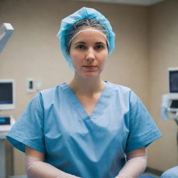 A focused, compassionate pediatric surgeon in a state of the art operating room, scrubbed up and preparing for surgery. Details include hospital tools, sterile environment, and the surgeon's concentrated expression.