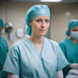 A focused, compassionate pediatric surgeon in a state of the art operating room, scrubbed up and preparing for surgery. Details include hospital tools, sterile environment, and the surgeon's concentrated expression.