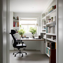 A cozy, narrow personal office that functions as both a workspace and a meeting room, with a well-placed round table, ergonomic chairs, organized shelves, and intimate decor highlighting a professional yet personal atmosphere.