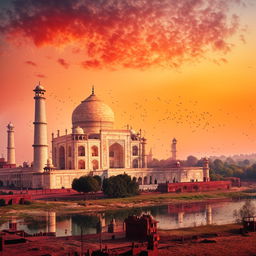 High-detail illustration of the Agra city skyline featuring the Taj Mahal during a vibrant sunset.