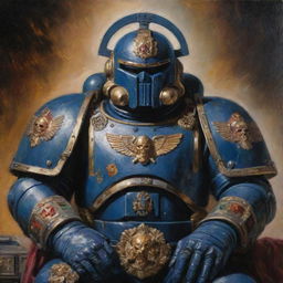 Classic oil painting of an aged ultra space marine commander, helmet in lap, chest decorated with prestigious medals, the stern face reflecting the tolls of epic battles.