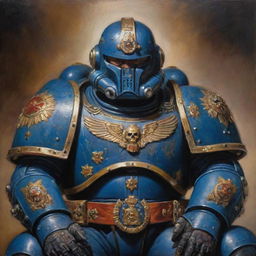 Classic oil painting of an aged ultra space marine commander, helmet in lap, chest decorated with prestigious medals, the stern face reflecting the tolls of epic battles.