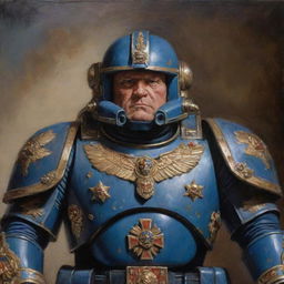 Classic oil painting of an aged ultra space marine commander, helmet in lap, chest decorated with prestigious medals, the stern face reflecting the tolls of epic battles.